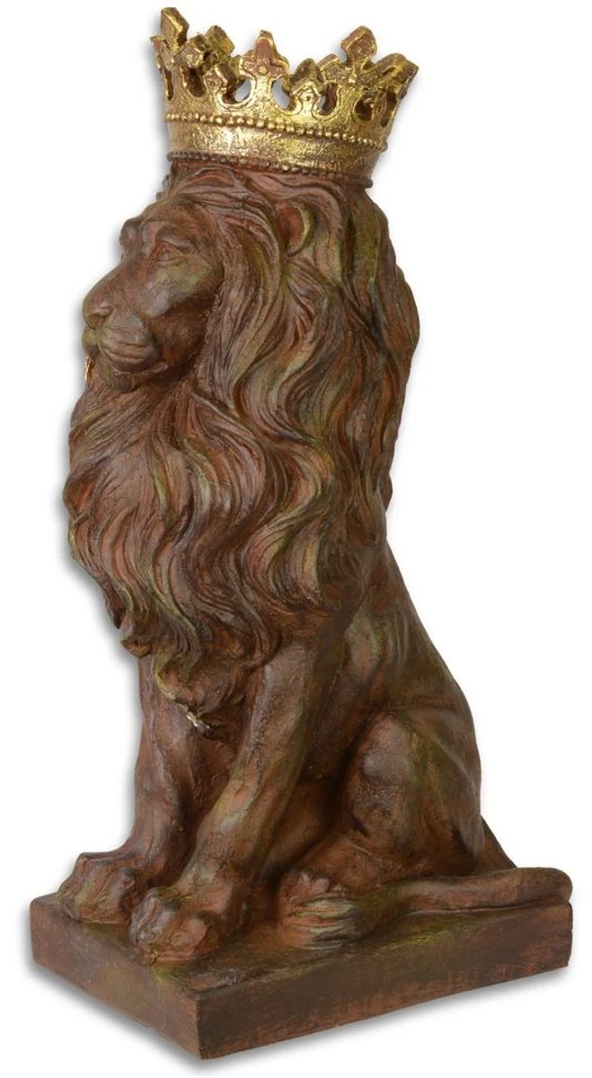 Casa Padrino Skulptur Löwe mit Krone Antik Braun / Gold 19,2 x 28,9 x H. 56,5 cm - Barock & Jugendstil Deko Accessoires