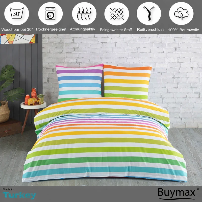 Biber Bettwäsche "Rainbow", 100% Baumwolle, Reißverschluss, 80x80 cm Kissenbezug