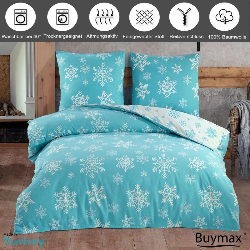 Biber Bettwäsche Set "Snowy", Schneeflocken, 100% Baumwolle, Reißverschluss, 80x80 cm Kissenbezug