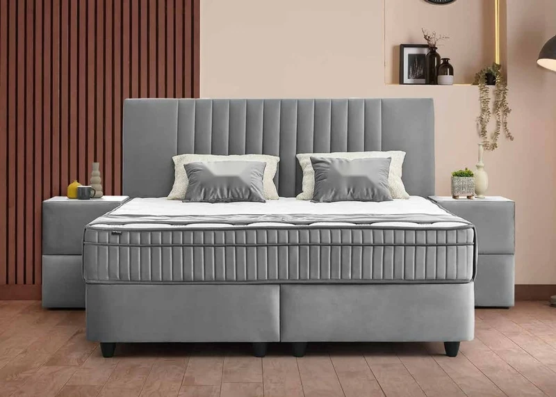 Casa Padrino Luxus Boxspringbett mit Kopfteil in Streifenoptik Grau 180 x 200 cm - Luxus Schlafzimmer Möbel