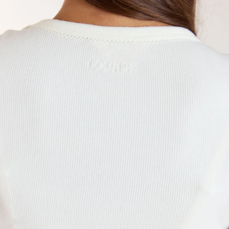 Geripptes Kurzarm-Pyjama Top - Crèmefarbe