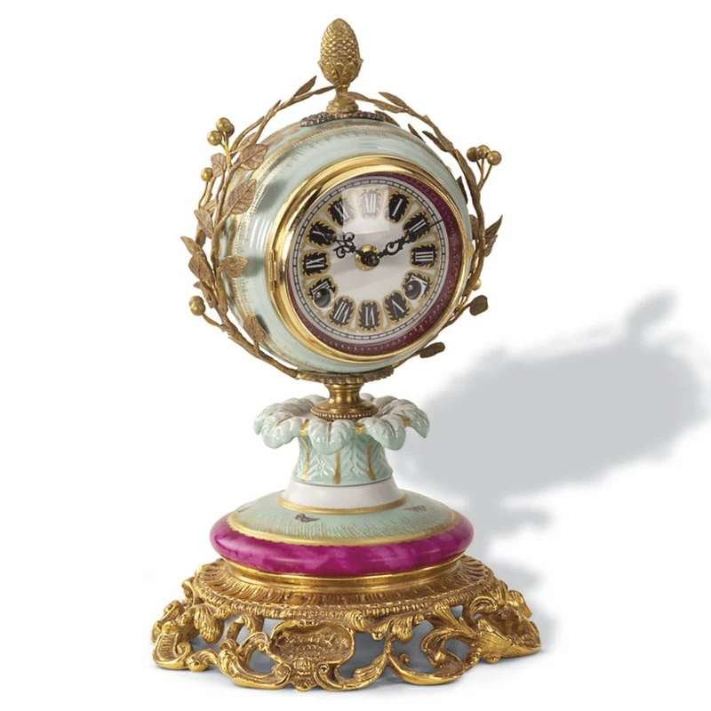 Casa Padrino Luxus Barock Porzellan Tischuhr Hellgrün / Purpur / Gold H. 28 cm - Barock Schreibtischuhr - Made in Italy
