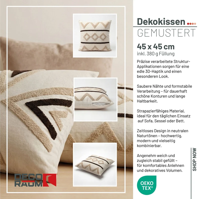 Dekokissen Tribal Pattern Beige 45x45 cm mit Füllung | OEKO-TEX®