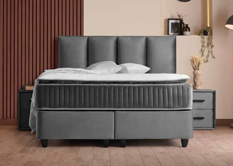 Casa Padrino Luxus Boxspringbett mit Kopfteil in Paneeloptik Grau 180 x 200 cm - Luxus Schlafzimmer Möbel