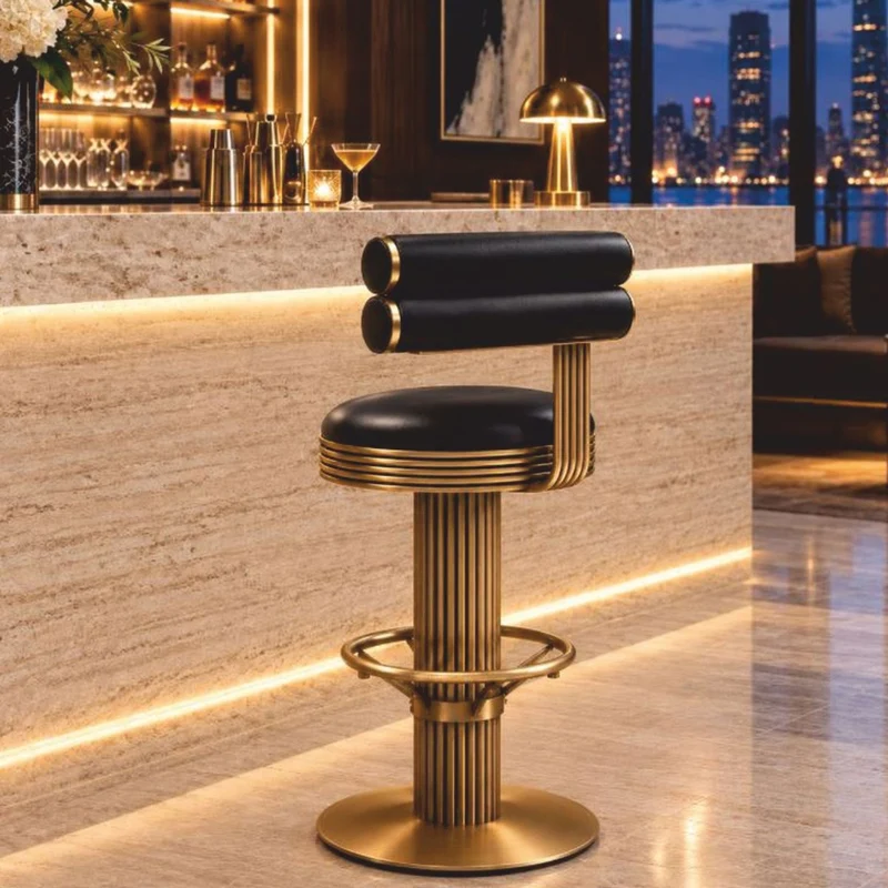 Casa Padrino Luxus Echtleder Barstuhl Schwarz / Messing H. 96 cm - Bar Möbel - Hotel Möbel - Luxus Möbel