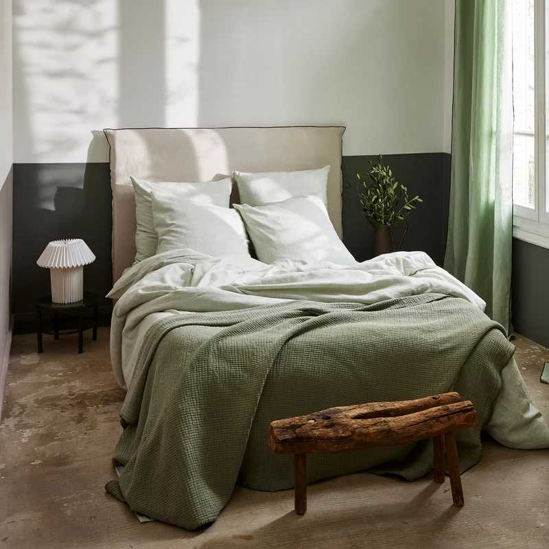 Lot de 2 taies d'oreiller FINEA ivoire et vert de gris