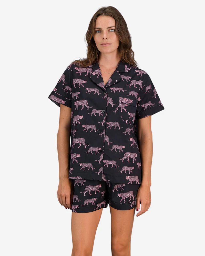 Women's short pyjamas - Pink Cheetah Charcoal