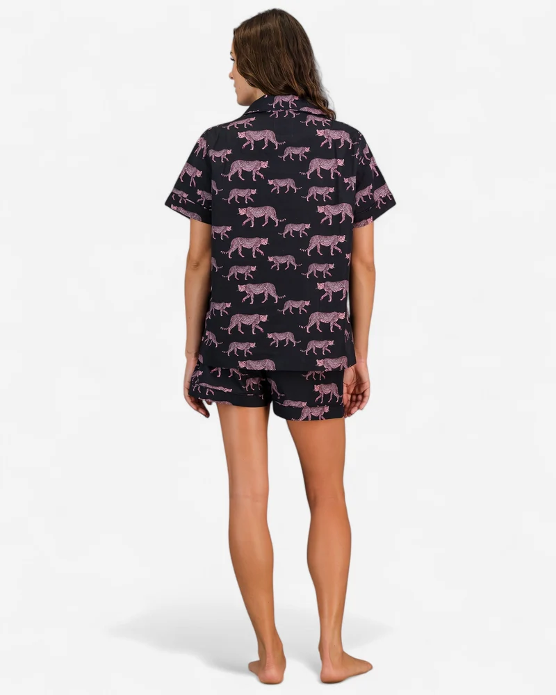 Women's short pyjamas - Pink Cheetah Charcoal