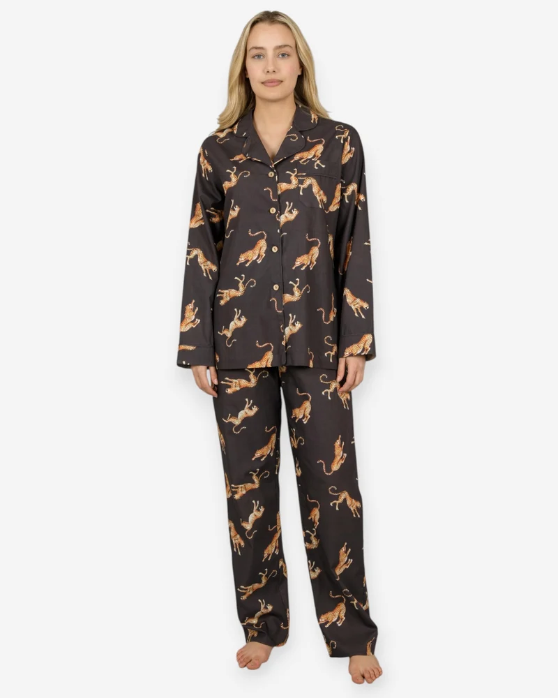 Women's Pyjamas – Jumping Cheetah on Charcoal