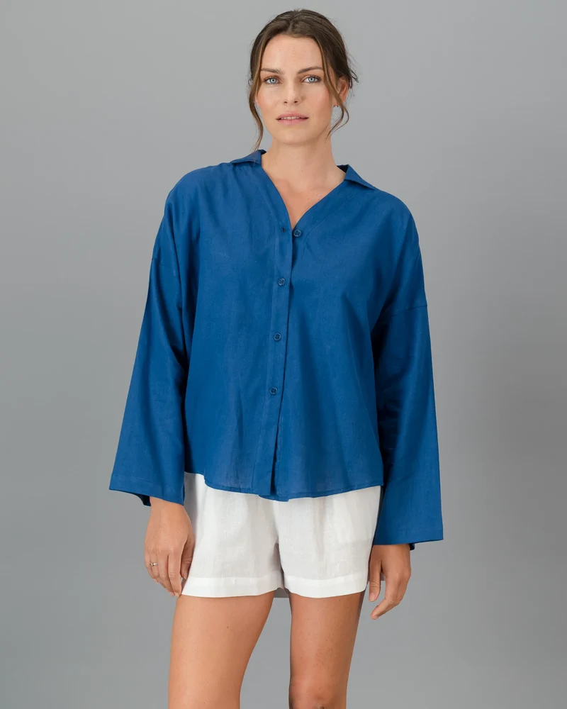 Women's Blue Linen Shirt - Denim Blue