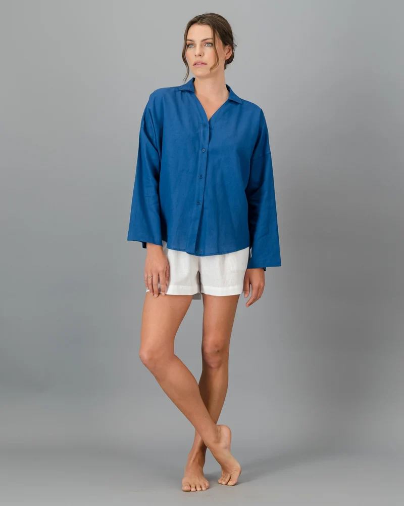 Women's Blue Linen Shirt - Denim Blue