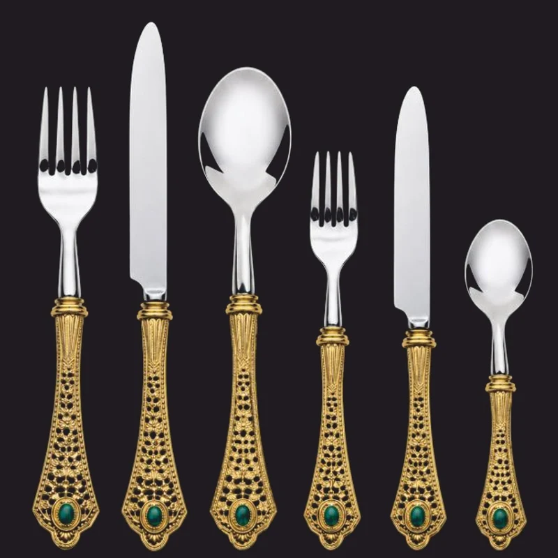 Casa Padrino Luxus Barock Essbesteck 6er Set Gold / Grün / Silber - Hotel & Restaurant Accessoires - Made in Italy