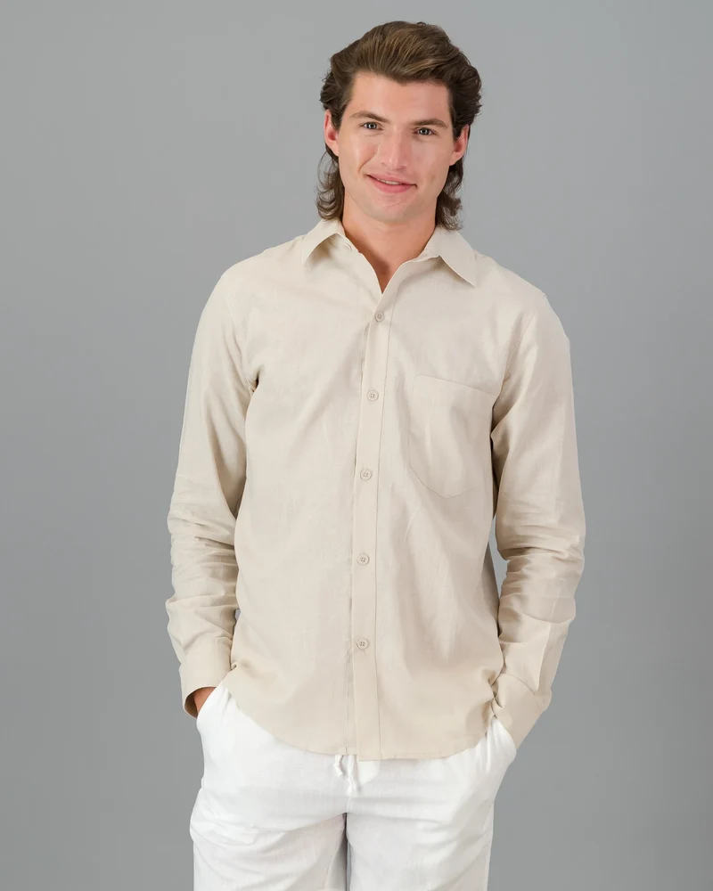 Men's beige linen shirt - long sleeve - Sand