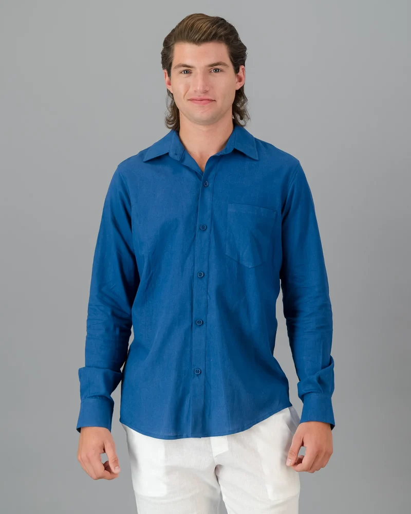 Men's blue linen shirt - Long sleeve- Denim Blue