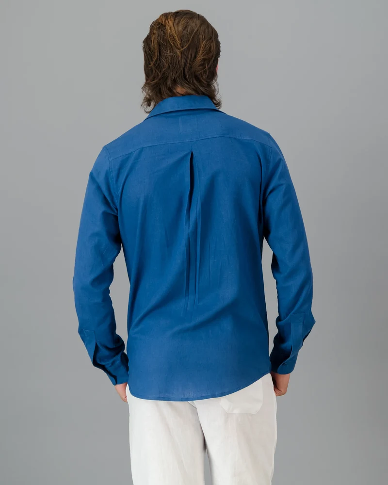 Men's blue linen shirt - Long sleeve- Denim Blue