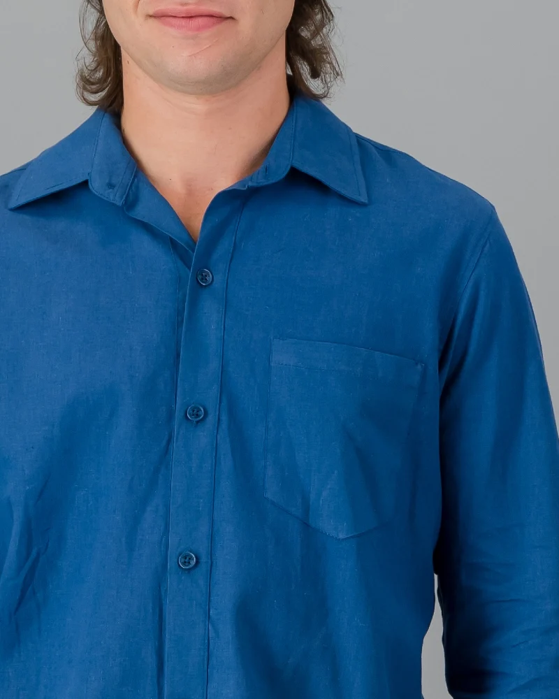 Men's blue linen shirt - Long sleeve- Denim Blue