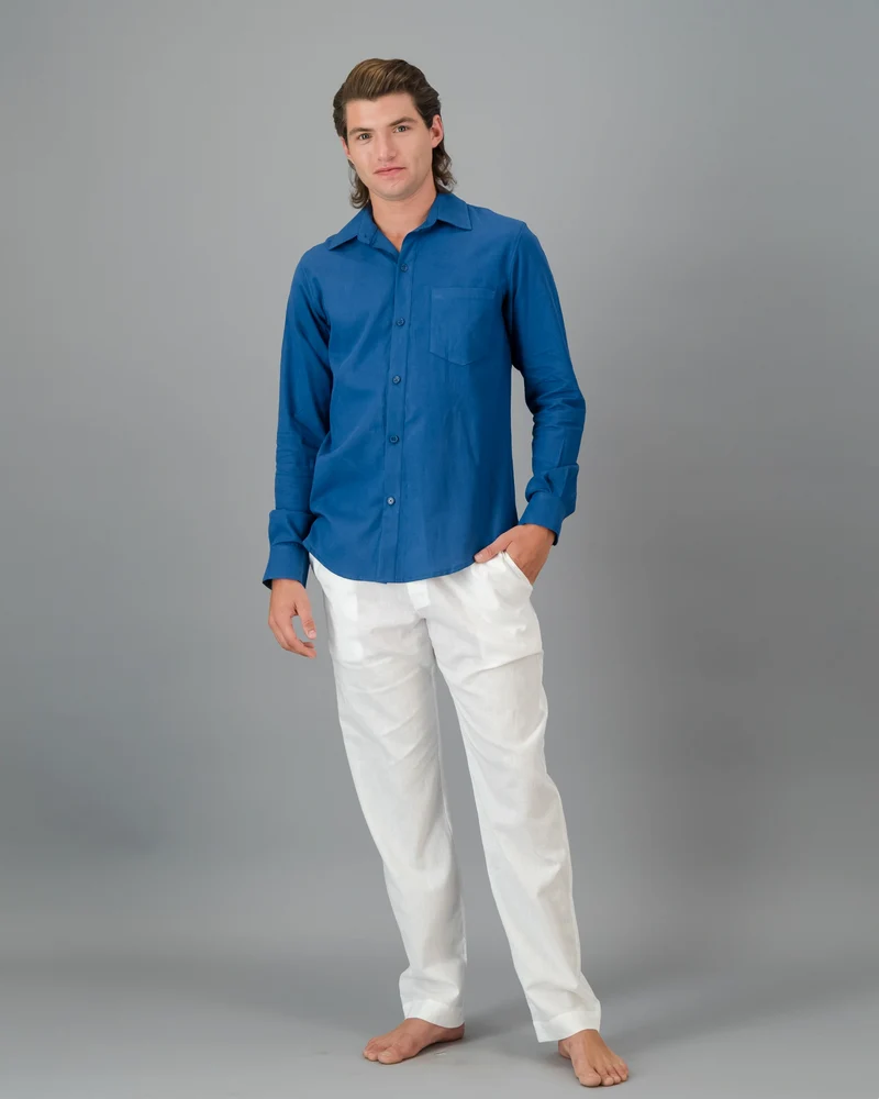 Men's blue linen shirt - Long sleeve- Denim Blue