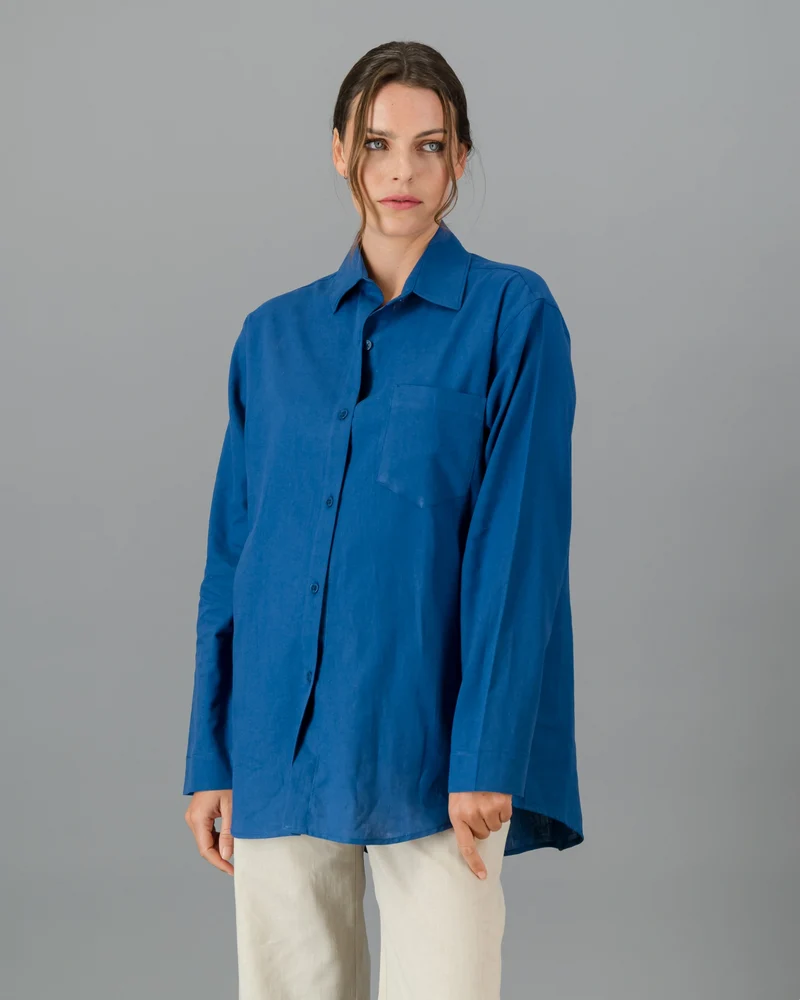 Ladies Blue Linen Shirt - Oversized - Denim Blue