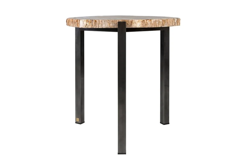 Casa Padrino Luxus Beistelltisch Braun 65 x 65 x H. 67 cm - Beistelltisch mit Tischplatte aus versteinertem Holz und Edelstahlfuß - Luxus Möbel