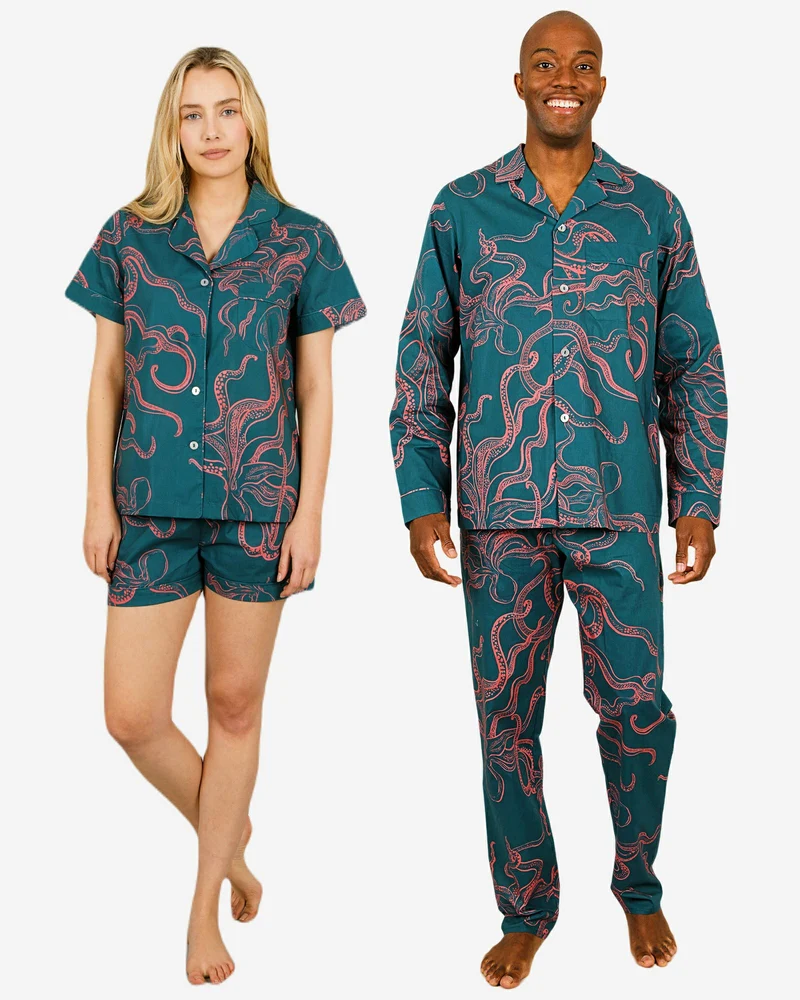 Matching Pyjamas & Short PJs for couples - Octopus Pink
