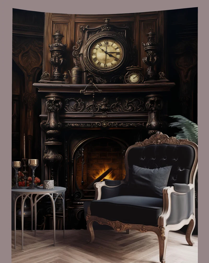 Gothic Tapestry - Study Room Fire - Gothic Wall Art