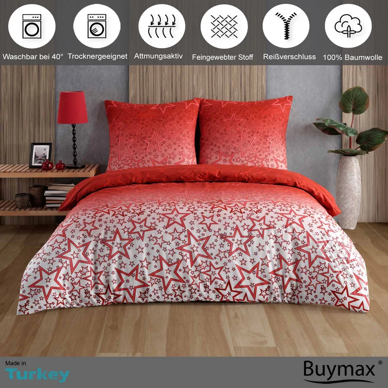 Renforcé Bettwäsche "Miracle Rot", 100% Baumwolle, Sterne, 80x80 Kissenbezug