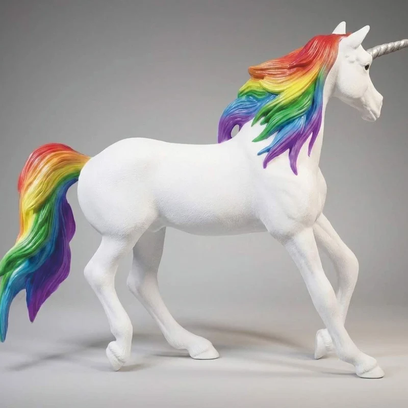 Casa Padrino XXL Deko Skulptur Einhorn Pferd Weiß / Bunt / Silber H. 190 cm - Lebensgroße Deko Figur - XXL Tierfigur - Garten Skulptur