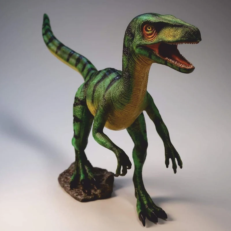 Casa Padrino XXL Deko Skulptur Dinosaurier Velociraptor Grün / Schwarz 295 x H. 150 cm - Lebensgroße Gartenfigur