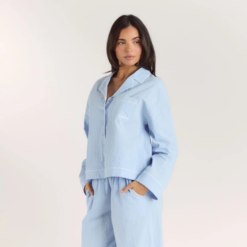 Texturiertes Pyjamahemd aus Baumwoll - Blau