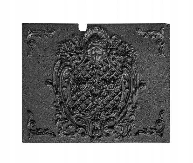 Casa Padrino Gusseisen Kaminplatte Schwarz 48 x 39 cm - Kaminrückwand mit Maskaron-Relief - Feuerplatte - Kamin Zubehör