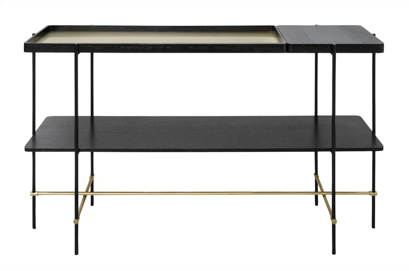 Casa Padrino Luxus Konsole Gold / Schwarz 140 x 40 x H. 90 cm - Konsolentisch mit gebürstetem Edelstahlgestell und schwarzen Eichenfurnier Flächen - Luxus Möbel
