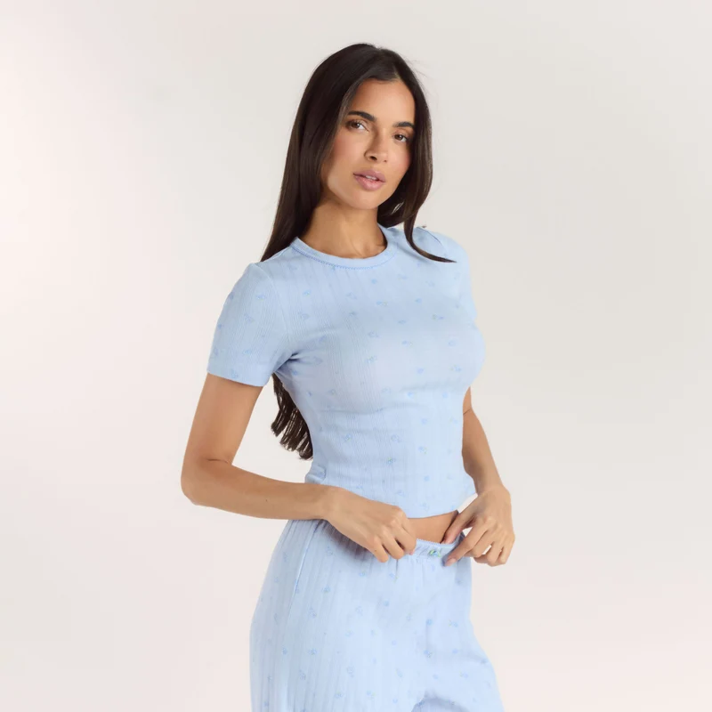 Pointelle Pyjama-Top - Florales Blau