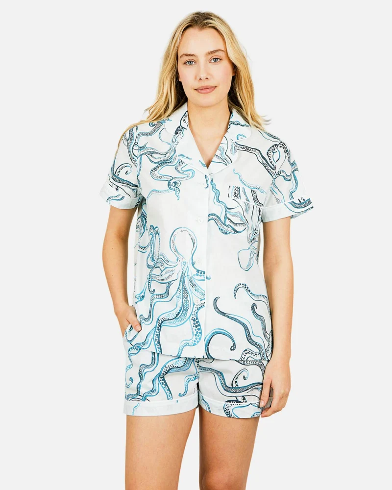 Women's short pyjamas set - Octopus Indigo