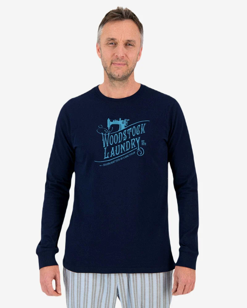 Men's Long Sleeve T-Shirt - Logo Blue On Navy