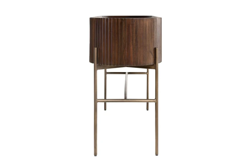 Casa Padrino Luxus Konsole Pogoro Braun 130 x 45 x H. 80 cm - Massivholz Konsole mit Metallgestell in dunkler Messing-Optik - Luxus Möbel