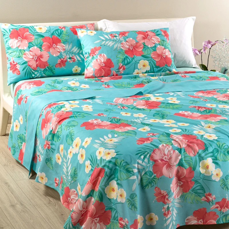 Completo Lenzuola Copriletto hibiscus Moderno in Cotone