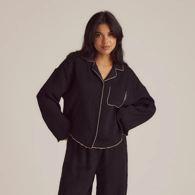 Crinkle Pyjamahemd - Schwarz