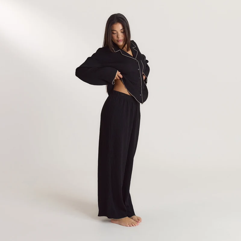 Crinkle Pyjamahose - Schwarz