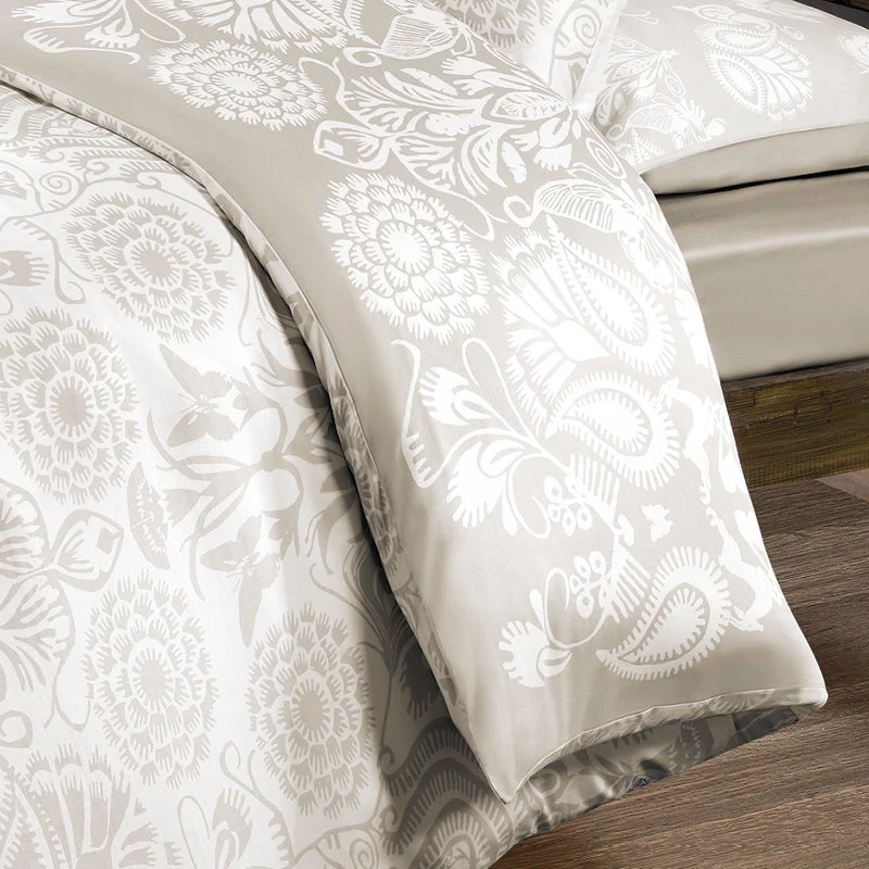 Housse de couette + taie(s) d'oreiller satin de coton - Love stories beige