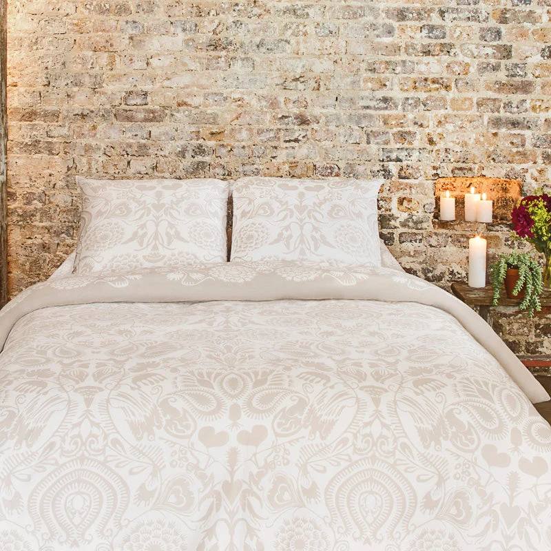 Housse de couette + taie(s) d'oreiller satin de coton - Love stories beige