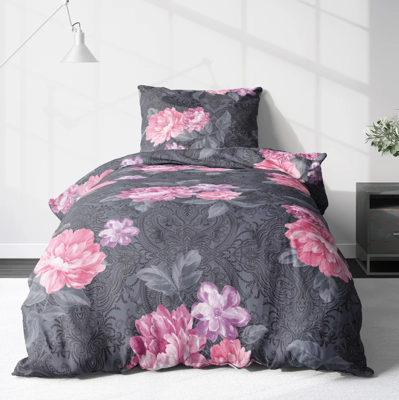 Biber Bettwäsche-Set Rosenmotiv Anthrazit