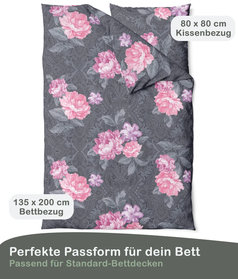 Biber Bettwäsche-Set Rosenmotiv Anthrazit