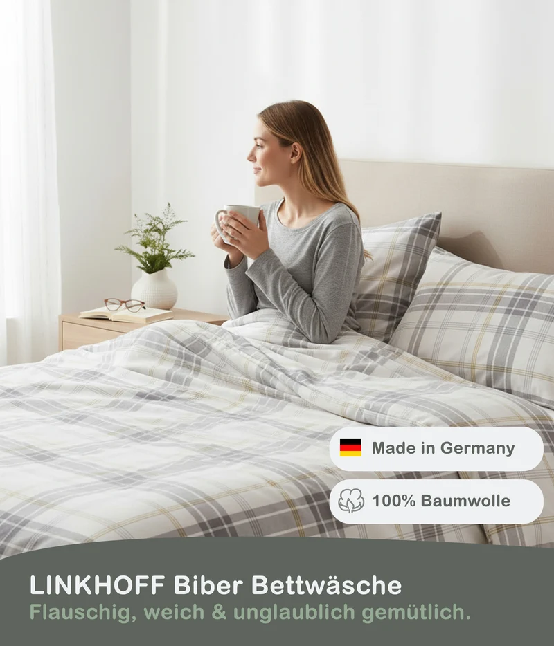 Biber Bettwäsche-Set Naturfarben Kariert