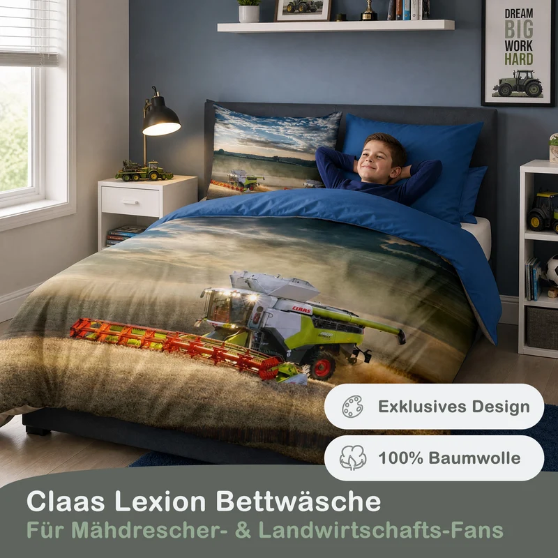 Claas Lexion Bettwäsche-Set 135x200cm Mähdrescher Motiv in Blau
