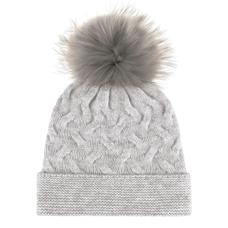 Bonnet à pompon cachemire - Gris claire