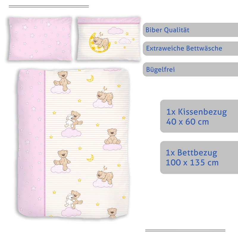 Biber Bettwäsche-Set 100x135cm Teddy in Rosa
