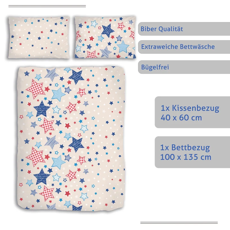 Biber Bettwäsche-Set 100x135cm Sterne in Beige Blau