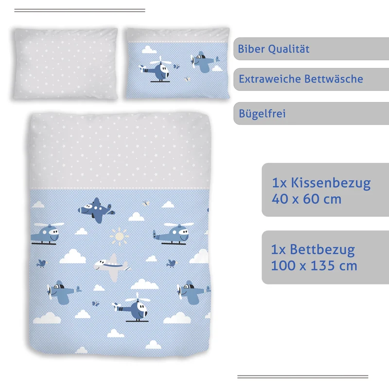 Biber Bettwäsche-Set 100x135cm Flugzeuge Blau