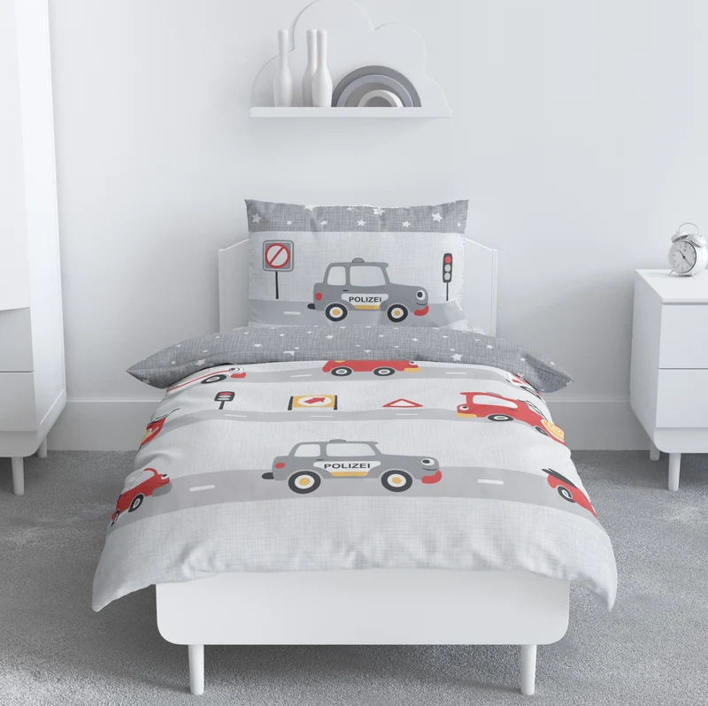Biber Bettwäsche-Set 100x135cm Polizei/Feuerwehr in Rot Silber