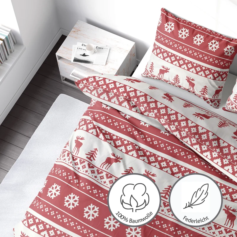 Flanell Bettwäsche-Set Weihnachtsbettwäsche in Rot Weiß